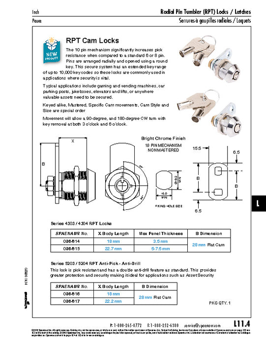 Radial Pin Tumbler(RPT) Anti Drill Lock, Key Series 99, 28 mm Flat Cam x 22 mm Length, Keyed to Differ, Non-Mastered, Bright Chrome Finish by Spaenaur Inc.