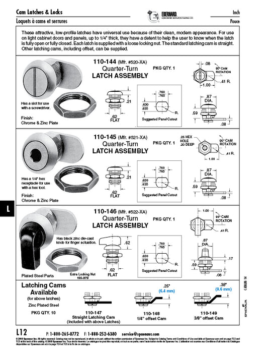 Loquet quart de tour, bouton noir moulé sous pression à profil bas, avec écrou hexagonal 0,59 po x 0,62 po, zinc moulé sous pression/acier plat, nickelé par Spaenaur Inc.