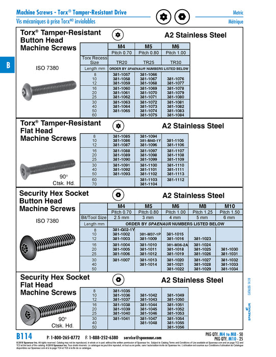 Security Screw, Button Head Torx TR30 Drive, M6 x 10 mm Length, Stainless Steel