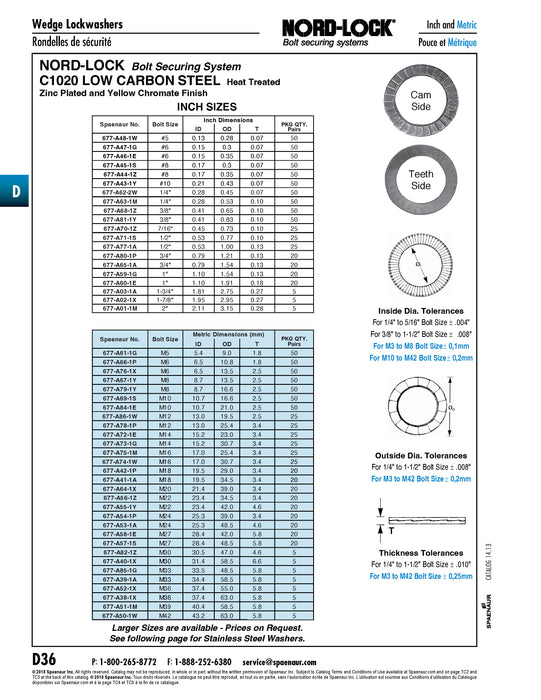 Rondelle Nord-Lock traitée thermiquement, taille de boulon n° 8 (M4), paire collée 4,4 mm de diamètre intérieur x 7,6 mm de diamètre extérieur x 1,8 mm d'épaisseur Acier trempé Delta Protekt revêtement zinc flocons
