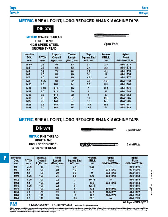 Spiral Flute Machine Tap, LONG Shank DIN 374 M14 x 1.5 Fine Pitch High Speed Steel, Ground Thread