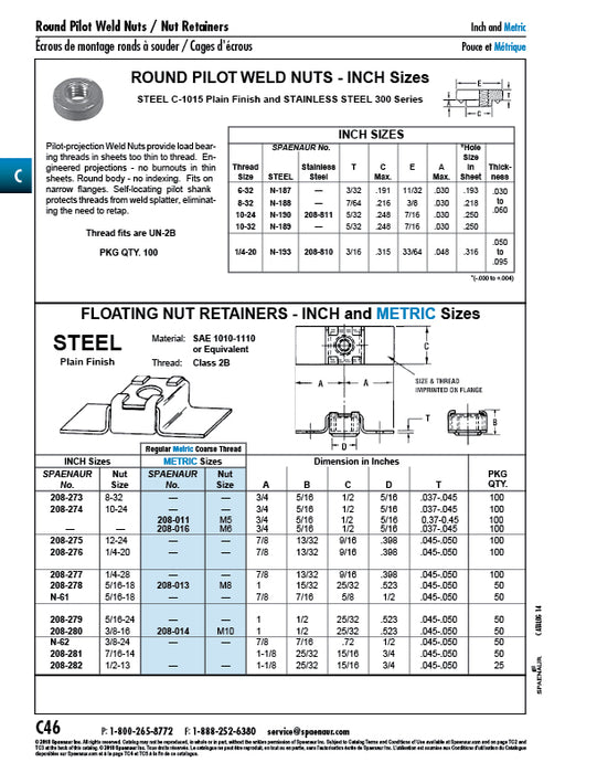 Floating Nut Retainer Weld Nut 3/8"-16 UNC 25/32" Base Width x 2" O/A LGTH Low Carbon Steel Plain by Spaenaur Inc.