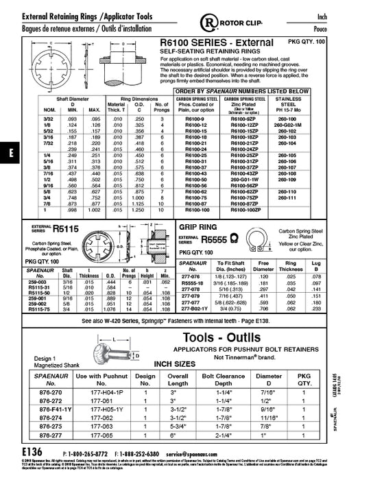 Circular Push-On External Retaining Ring for 5/16" Shaft DIA, 010" Thick Carbon Spring Steel Plain by Spaenaur Inc.