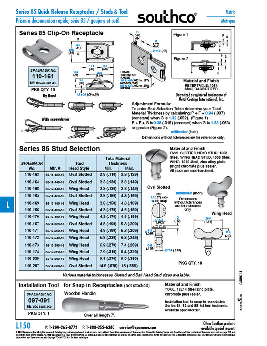 Wing Head 1/4 Turn Stud Grip Range .130-.149", 1.13" Head OD, Steel Zinc Alloy Chromate by SouthCo