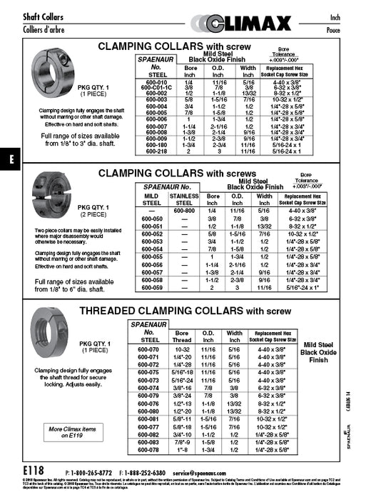 One Piece Clamping Collar 1" Bore Steel Black Oxide