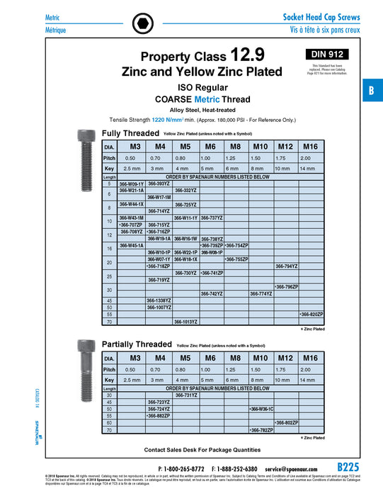 Vis à tête cylindrique à six pans creux DIN 912 M4 x 0,70 x 8 mm Filetage complet CL 12.9 Acier allié traité thermiquement Zingué jaune DIN 912/12.9-YZ/Full M4X8