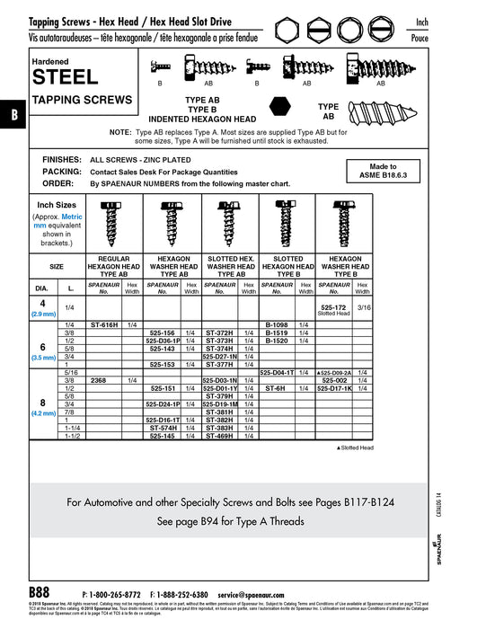 Tapping Screw, Indented Hex Washer Head Slotted Drive, Type AB, #8 x 7/8" Length, Steel Zinc Plated by Spaenaur Inc.