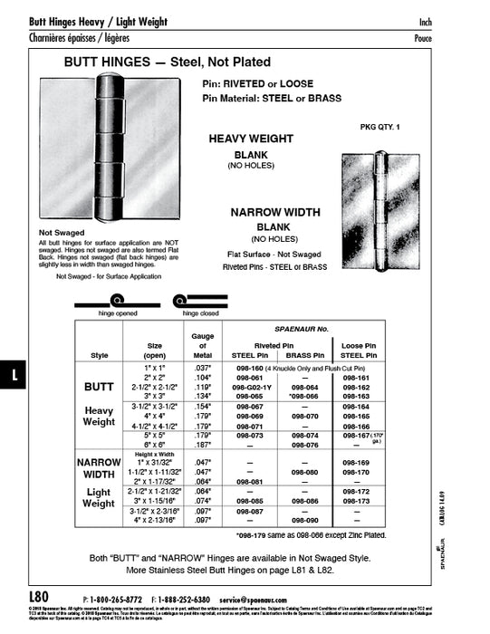 Hinge, Narrow Width, Light Weight, Not Swaged, Rivetd Brass Pin, Blank 3" HT x 1 15/16" Wd x .074" GA Steel Plain, Brass Pin