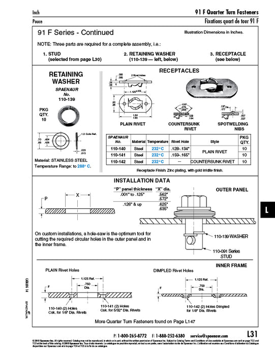 Réceptacle pour fixation à quart de tour extra-robuste série 91F, trous de rivet de 0,128 à 0,134 po pour rivets de 1/8 po de diamètre, acier zingué avec revêtement Irridite doré par Spaenaur Inc.