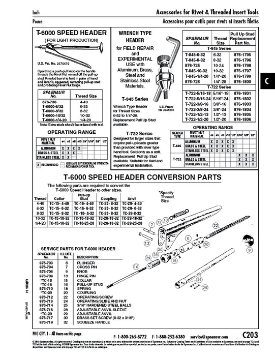 Pull-Up Stud for Sn# T-6000 Speed Header #10-32 UNF