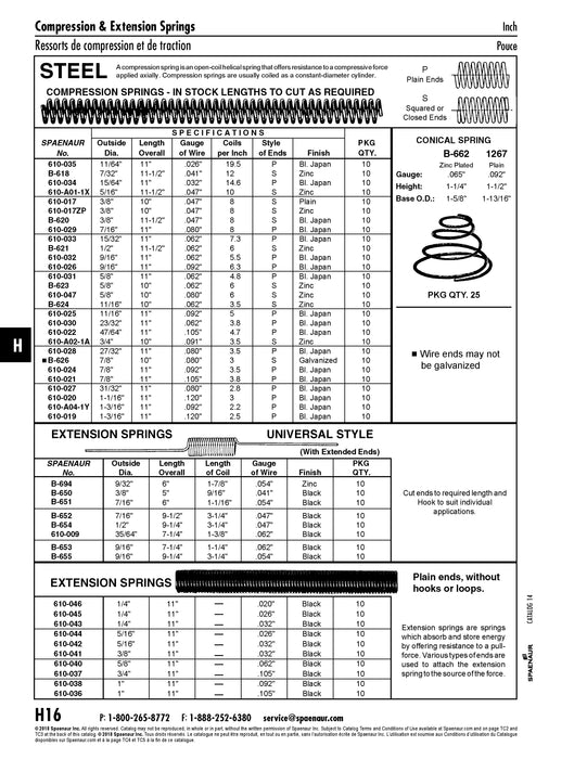 Utility Spring, Compression Type, Squared or Closed Ends, 10 Coils/In 5/16" OD, 11 1/2" Length O/A, 0.047" Gauge Wire MB Hard Drawn Spring Steel Wire White Zinc Plated