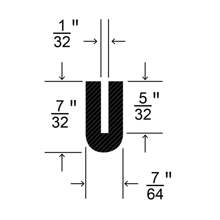 Profilé extrudé en forme de « U » Largeur de fente 1/32 po x base 7/64 po x profondeur de fente 5/32 po x O/A 7/32 po HT 100 pi/bobine EPDM noir, Duro 70 +-5 par Spaenaur Inc.
