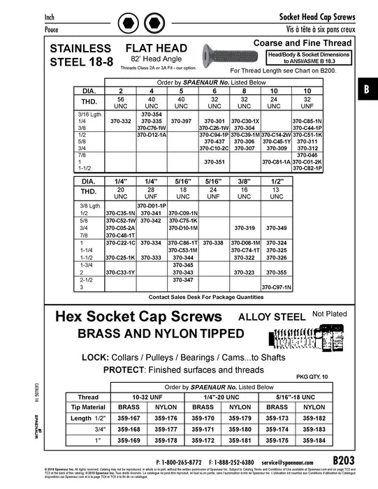 Flat Head Hex Socket Cap Screw 1/4"-20 UNC x 2" LONG 18-8 Stainless Steel ANSI B18.3 by Spaenaur Inc.