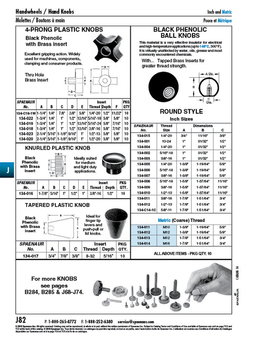 Ball Knob with Tapped Brass Insert 1 3/8" OD, 1/4"-20 UNC x 7/16" Deep Phenolic Black by Spaenaur Inc.