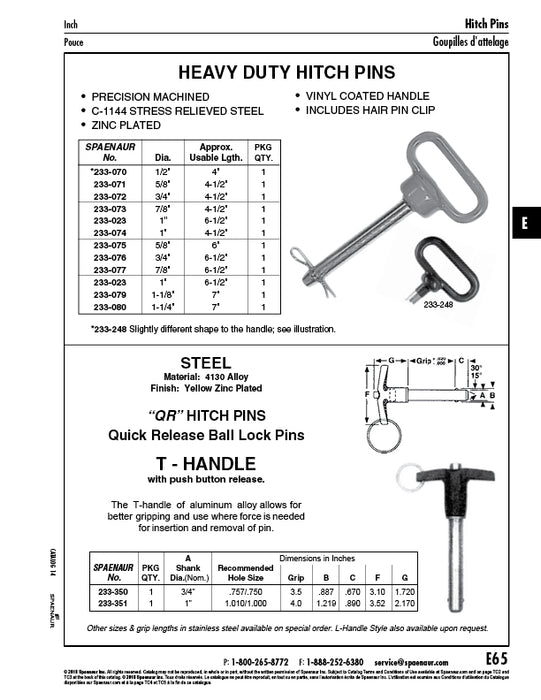 Heavy Duty Hitch Pin, Loop Handle 5/8" x 4 1/2" Steel Zinc Plated, Vinyl Coated