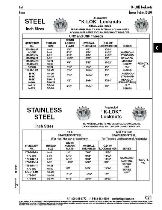 K-Lok Hex Nut W/External tooth Lockwasher 10-24 UNC x 3/8" AF x 5/32" O/A THK 18-8 Stainless Steel