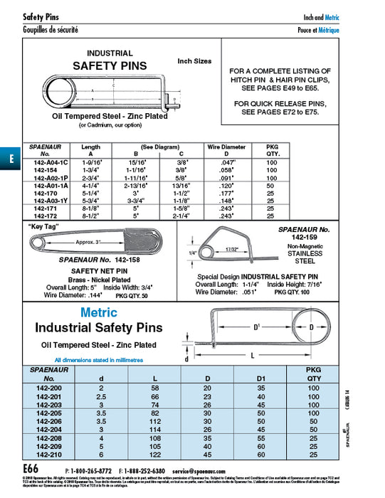 Safety Pin (.058" Wire Diameter) 1 3/4" O/A L, 1 1/16" Throat L, 3/8" IW Steel Zinc Plated by Spaenaur Inc.