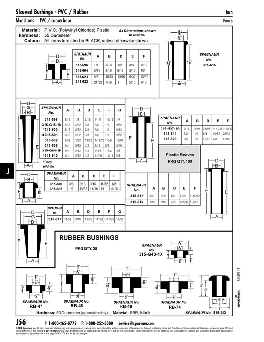 Douille, manchon à manchon DIA 5/16" DIA x 3/16" Alésage 1,125" Longueur du manchon 1,315" Longueur totale PVC-329 Noir, 55 Duro
