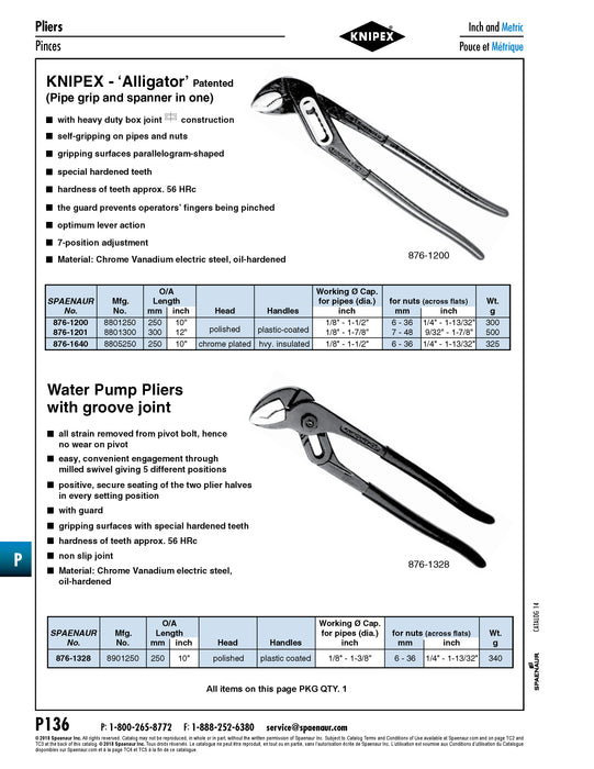 "Alligator" Pliers for Pipe DIA. 1/8" - 1-1/2" 250mm (10") LONG Chrome Vanadium Steel,Polished Head Plastic-Coated Handles