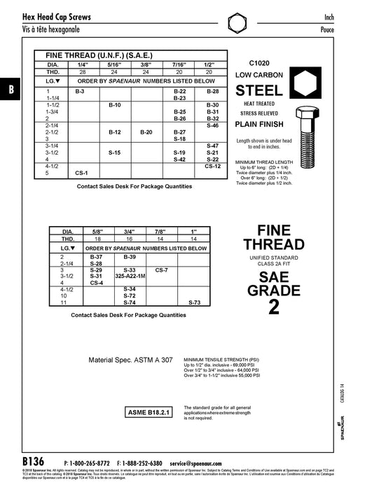 Hex Head Cap Screw Sae 7/16"-20 UNF x 3" LG GR 2 Low Carbon Steel Not Plated ANSI B18.2.1-1965