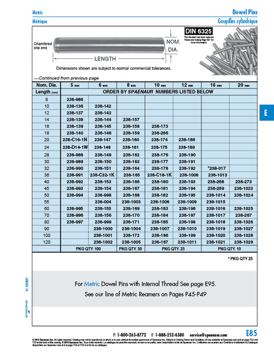 Dowel Pin DIN 6325, 6mm x 20mm LONG, M6 tolerance Alloy Steel Case Hardened Precision Ground DIN 6325/ST 6M6X20 by Spaenaur Inc.