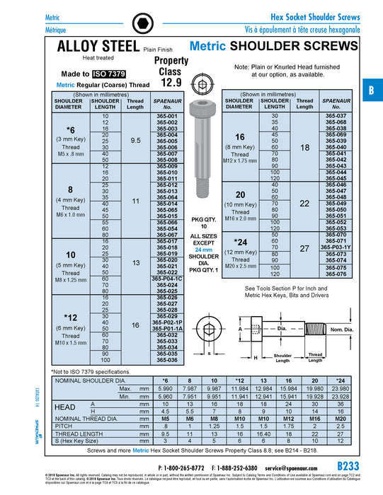 Hex Socket Shoulder Screw ISO 7379 12mm x 50mm Shoulder, M10 Thread CL 12.9 Alloy Steel Plain ISO 7379/12.9 12X50/M10