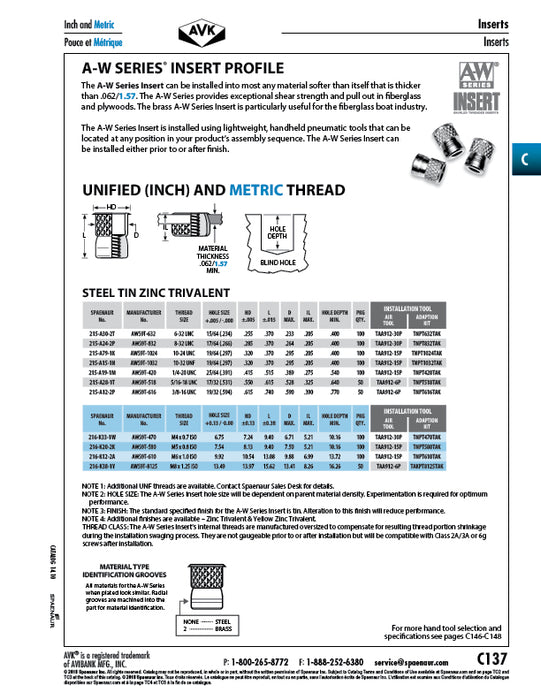 A-W Series Knurled Threaded Insert #8-32 UNC x .370" LGTH Steel, Trivalent Tin Zinc Plated
