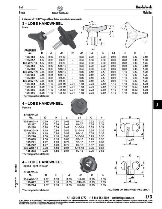 3-Lobed Hand Wheel, Male 1.77" Width with 1/4"-20 x 1-1/4 Stud, 0.83" Overall Height Thermoplastic Material Black