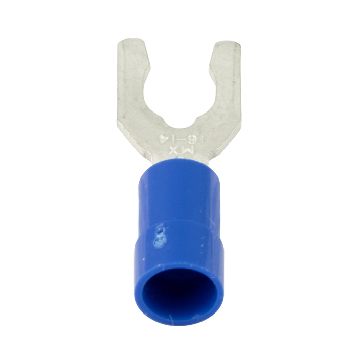 Spade tongue Terminal, Locking Style, Solderless, Insulated #8 Stud, 16-14 GA. Wire Electrolytic Copper, Heavy Bright Tin Plate, Blue Plastic Insulation by Spaenaur Inc.