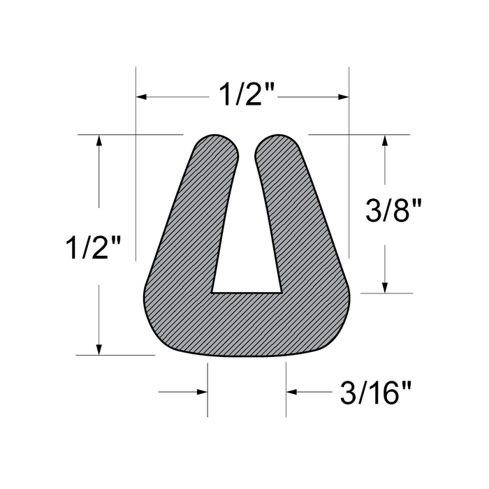 Profilé extrudé en forme de « U » 1/2 po de base x 1/2 po HT x 50 pi. Largeur de l'espace de 3/16 po x profondeur de 3/8 po, composé Sbr 60 Duro. +/-5 par Spaenaur Inc.