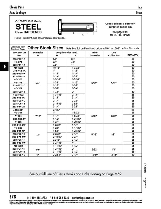 Clevis Pin Cross Drilled & Cntrsunk 1/2" DIA x 1-5/8" to Hole Centre x 1-25/32" Under Head, 5/32" Hole C1018 Steel Case Hardened Trivalent Zinc Plated Deburr & Chamfer End