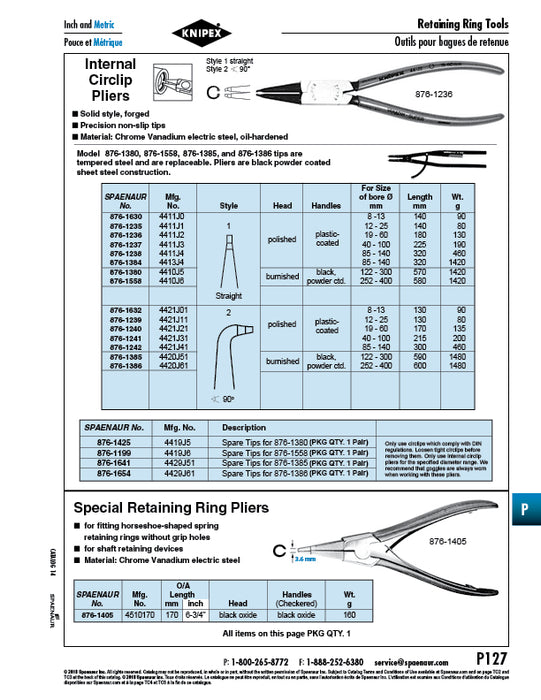 Pince à circlips internes (bagues de retenue) pour diamètres d'alésage de 252 à 400 mm (longueur totale 580 mm) (embouts droits remplaçables) Acier, tête polie Poignées revêtues de poudre noire