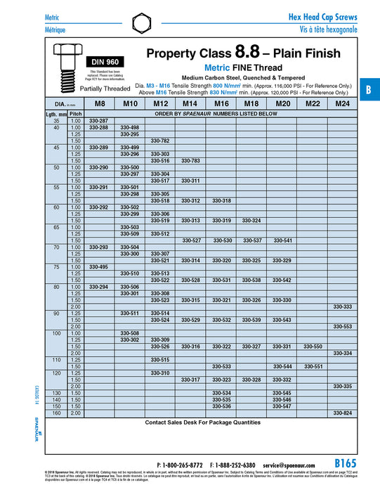 Hex Head Cap Screw DIN 960 M12 x 1.25 x 70mm LG, Partial THRD Class 8.8 Steel Plain Finish DIN 960/8.8 M12X1.25X70