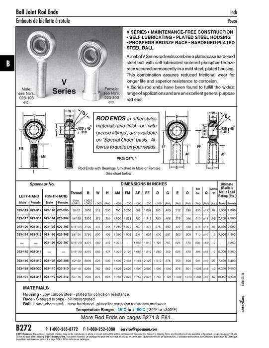 Rod End with Bearings, Alinabal V Series, Plated Steel Housing, Phosphor Bronze Race, Hardened Plated Steel Ball Male 3/8"-24 Left Hand Mild Steel