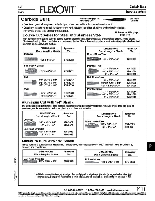 Fraise carbure, double coupe en forme d'arbre pointu, 1/4 po de diamètre x 5/8 po de longueur x 1/4 po de tige Tige en acier trempé, pointe en carbure de tungstène