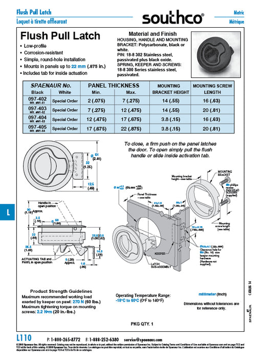 "Flush-Pull" Latch .075"-.275" Panel Thickness White by Spaenaur Inc.