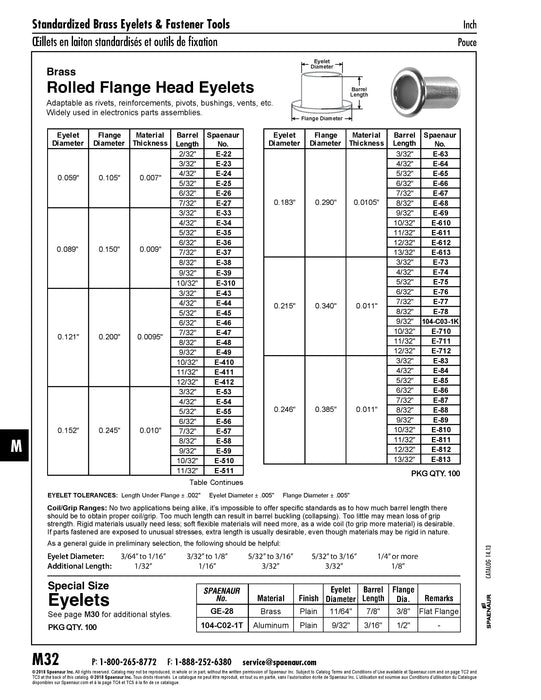 Rolled Flange Head Eyelet, 2/32" Nom. Hole Size x 0.059" Barrel OD x 7/32" Barrel Length x 0.105" Flange Dia., Brass