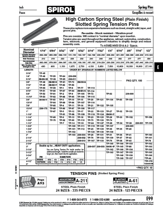 Slotted Spring Tension Pin Nom DIA 1/4" x 3-1/4" LGTH Hi Carb Spring Steel Plain ANSI B18.8.2-1978 by SPIROL