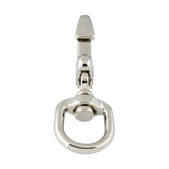 Mousqueton, œillet rond pivotant, œillet 3/4 po, longueur totale 3 1/2 po, ouverture 5/16 po, moulé sous pression en métal, nickelé par Spaenaur Inc.