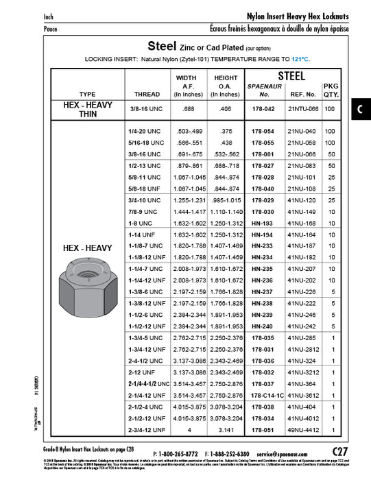 Hex Lock Nut Nylon Insert, Reference #41 Nu-285 1 3/4"-5 UNC, 2.762-2.715" WAF, 2.313"+/-.063" O/A Height Steel Zinc Plated