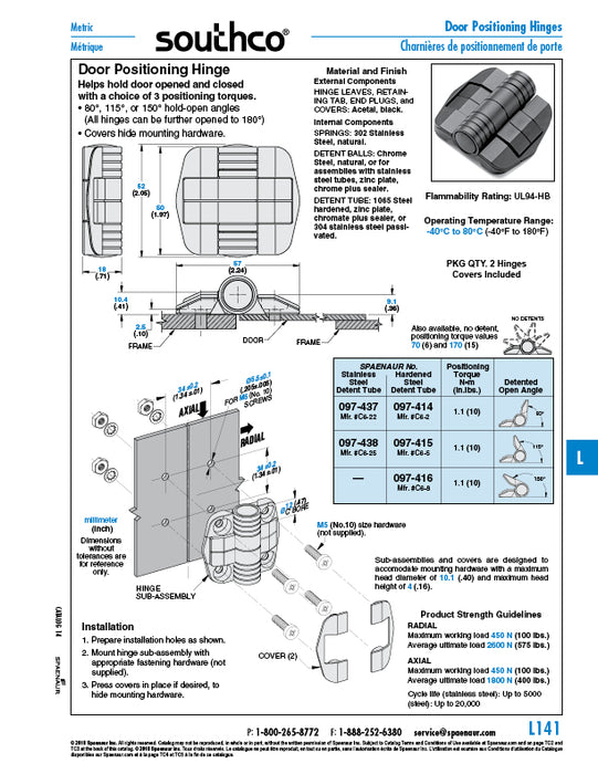 Door-Positioning Hinge W/Covers 150 Degree Detented Open Angle 1.1 Nm Positioning torque Acetal Black,Steel Zinc Detent Tube (#10/M5 Mountng Hrdwr Not Supplied) (C6-38 & C6-601) by SouthCo