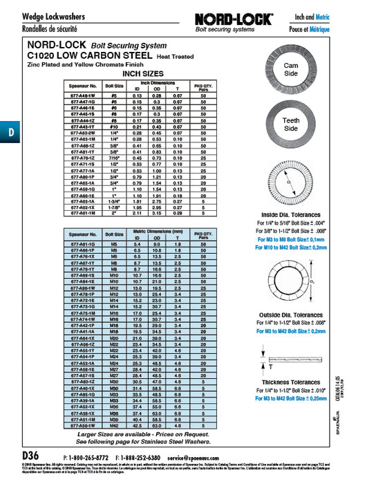 Rondelle Nord-Lock, traitée thermiquement, taille de boulon M6 (6 mm), paire collée 6,5 mm de diamètre intérieur x 13,5 mm de diamètre extérieur x 2,5 mm d'épaisseur Acier trempé Delta Protekt Revêtement à paillettes de zinc