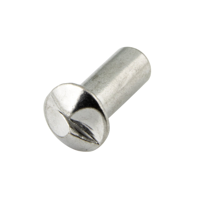 Sleeve Nut Oval Countersunk Slot HD #8-32 UNC x 3/8" L, x 11/32" Head DIA x 1/4 Bar DIA Brass, Nickel Plated tolerances: Overall Length: 13/32" +/-.015" Barrell DIA. : 1/4" +/-.005" Tap Depth 1/4" Minimum Slot: .040" Wide +/-.015" x .030" Deep