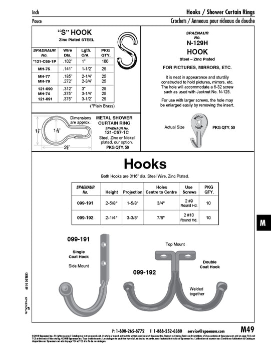 "S" Hook .148" Wire DIA, 1 1/4" O/A LGTH Steel Bright Zinc Plated by Spaenaur Inc.