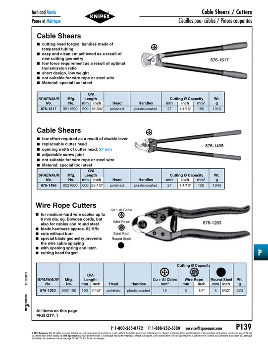 Cable Shears for Copper & Aluminum 27mm DIA Cutting Capacity 500mm (19-3/4") O/A LGTH Vanadium Steel, Polished Head Plastic-Coated Handles