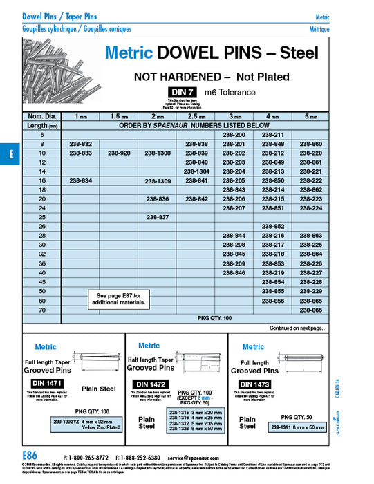 Dowel Pin, Precision Ground, DIN 7 4mm x 60mm, M6 tolerance Low Carbon Steel Not Hardened
