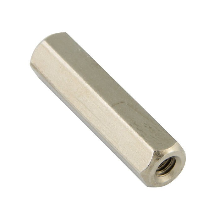 Spacer, Hexagon, Tapped, Seamless, Machined From Brass Rod Threaded #8-32 UNC, 3/4" LGTH, 1/4" A.F. Brass, Nickel Plated by Spaenaur Inc.