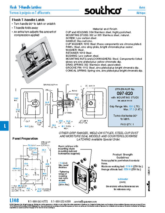 CLockwise Latching Flush (Cup) Latch W/Mounting Studs 3.50" x 4.50" (.88"-1.38" Grip Range) Polished Stainless Steel Die-Cast Zinc Handle by Spaenaur Inc.