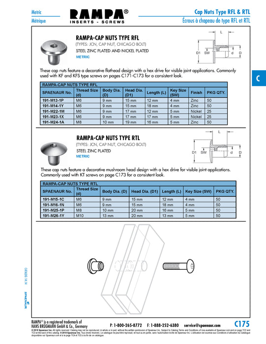 Rampa® Cap Nut Type RTL, 5 mm Hex Drive, M8, 20 mm Head Diameter(Mushroom Head), 10 mm Body Diameter x 16 mm Length Under Head, Steel Zinc Plated