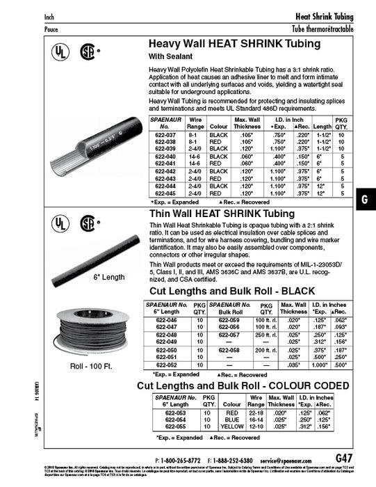 Thin Wall Heat Shrink Tubing .187"-.093" ID x 6" LGTH Black by Spaenaur Inc.